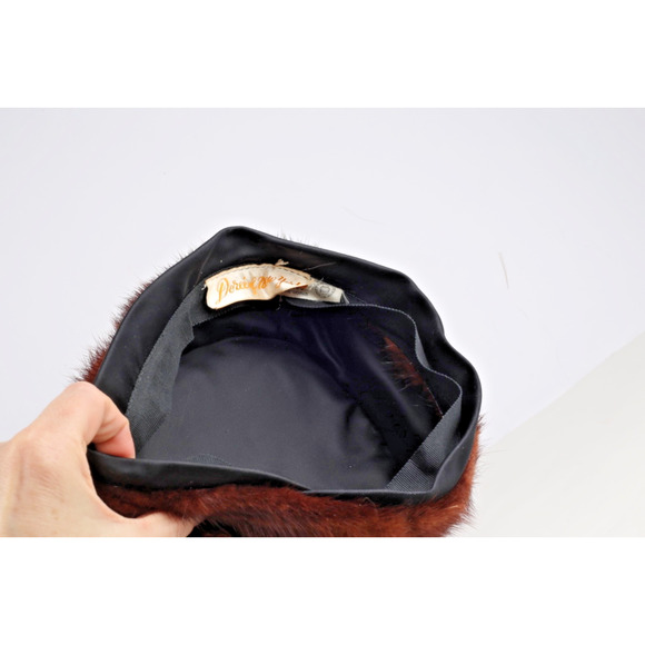 Vintage Brown Mink Fur Pillbox Hat With Black Satin Tims Trendy main image 8